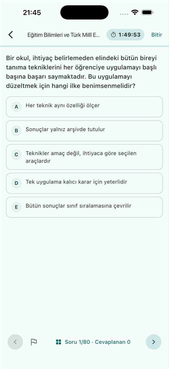 AGS 80 soruluk deneme sınavı ekranı
